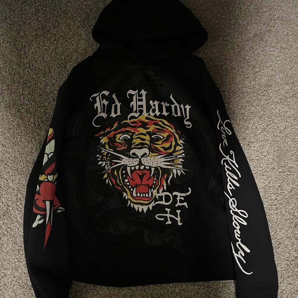 Ed Hardy Black Hoodie with Fierce Tiger Design